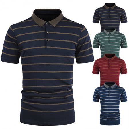 New Summer Men's Striped T-Shirt Mens Lapel Casual Short Sleeves