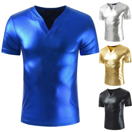 Men's T-Shirt V-Neck Solid Color Shiny Nightclub Design Dynamic Fashion Sexy Men's Short Sleeve T-Shirt