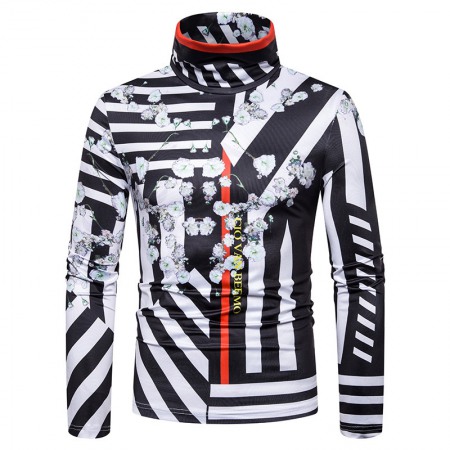 New Men's Large Size 3D Flower Stripe Printing High Neck Long Sleeve T-Shirt Bottoming Shirt