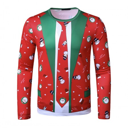 New 3D Personality Fake Two-Piece Printing Fashion Men's Christmas Long-Sleeved T-Shirt