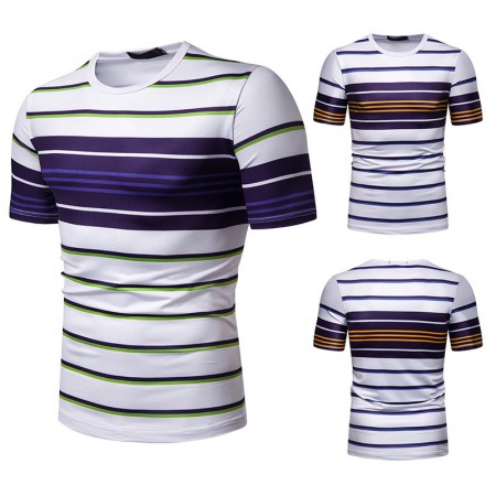 New Summer Men's Short-Sleeved T-Shirt Mens Contrast Striped Slim Casual T-Shirt