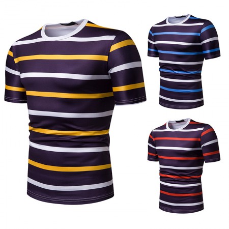 New Summer Men's Short-Sleeved T-Shirt Mens Contrast Striped Slim Casual T-Shirt